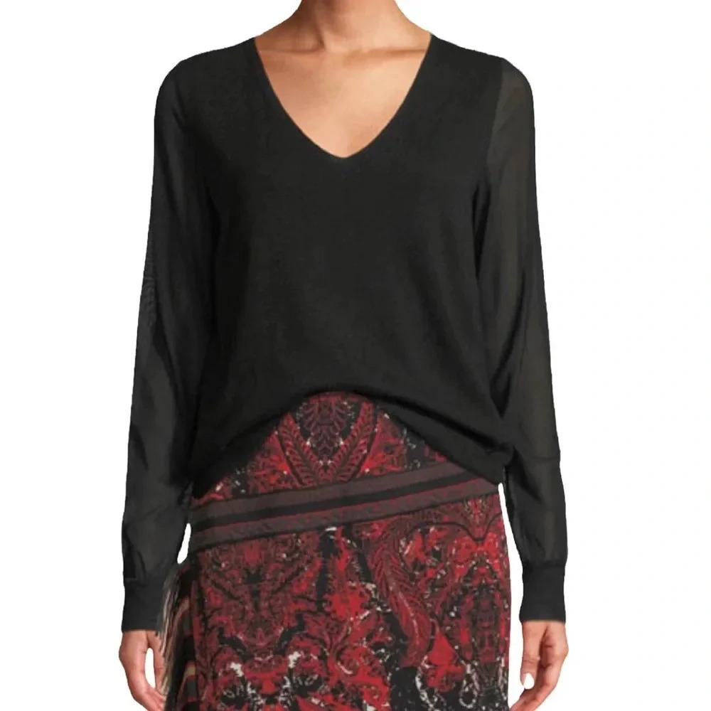 Fuzzi by Jean Paul Gaultier Sweater Sheer Sleeve V Neck Top Black Size XS NWT